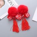 Children red plush pompom hair clips with traditional tassels and pearl accents - Pom Pom Double Tassel Pair Clips