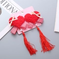 Pair of red plush heart hair clips with yellow bows and long tassels for Chinese New Year - Heart Tassel Pair Clips