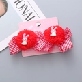 Red festive hair clips for kids with cute white bunnies, soft pompons and checkered bows - Plaid Pom Pom Rabbit Pair Clips