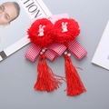 Red festive hair clips for girls with plush balls, cute bunny charms and long tassels - Plaid Pom Pom Tassel Pair Clips