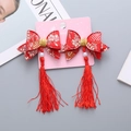 Coppia di fermagli per capelli rossi in stile cinese con fiocchi, nappe e perle su card - Fiocco Stampa Stile Cinese Paio di Fermagli