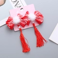 Fermagli per capelli cinesi per bambini con fiocchi rossi, pompon e nappine eleganti - Piccolo Doppio Fiocco Nappa Paio di Fermagli