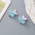 Pair of cute blue resin crown clips with pink bow and glitter for little girls - Blue Cherry