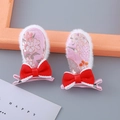 Mollette per capelli a orecchie di coniglio in peluche con ricami e fiocchi rossi - Orecchie da Coniglio Rosa
