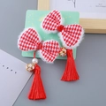 Chinese New Year hair clips with red houndstooth bows, tassels and bells for girls - Plaid Bow