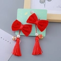 Pair of red velvet bow hair clips with silk tassels, white pearls and floral patterned bells - Gold Velvet Bow