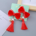 Red velvet bow hair clips with white pearls and long silk tassels in traditional Chinese style - Double Layer Velvet