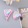 Cute pink hair clips for girls featuring sparkling silver sequins and colorful fabric roses - Floral Cat Ear Style