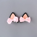 Pair of cute cat ear hair clips with pink sequins and satin bows for girls - Pink Bow Cat Ear