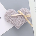 Cute grey fluffy heart hair clip with white ribbon bow for sweet girl style - Gray