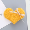 Yellow fuzzy plush heart hair clip with a tiny white striped bow for girls - Turmeric