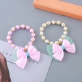 Pink and white pearl children bracelet set with silk bow and gold bead details - Pink Green Satin Bow Style (5#)