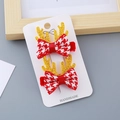 Paire de pinces à cheveux bois de renne dorés et nœuds à motif pied-de-poule rouges - Nœud Corne de Dragon N°2