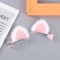 Cute pink and white plush cat ear hair clips with metal duckbill base for young girls - Pink Cat Ear
