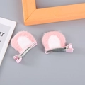 Set of two plush cat ear hair clips for girls in soft pink and white faux fur style - Pink Round Ear