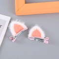 Cute pink plush cat ear hair clips with white faux fur trim for girls 2-piece set - Orange Cat Ear