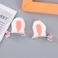 Pink fabric wrapped hair clips with white plush bunny ears for little girls - Orange Rabbit Ear