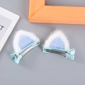 Cute plush cat ear hair clips for girls in blue and white faux fur with metal base - Blue Cat Ears