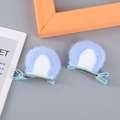 Cute plush cat ear hair clips for girls in blue and white faux fur with metal duckbill base - Blue Round Ear