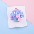 Children's purple sequined shell hair clip with a pink mesh bow and small beads - Blue Shell