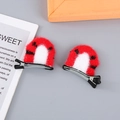Cute red and white plush cat ear hair clips with handmade crochet texture for little girls - Red Tiger