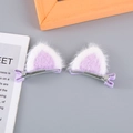 Pair of plush purple and white cat ear hair clips with ribbon-wrapped duckbill clips - Purple Cat Ear