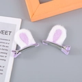 Pair of cute purple and white plush bunny ear hair clips with ribbon-wrapped metal base - Purple Rabbit Ears