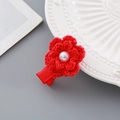 Red crochet flower hair clip with pearl center and velvet-wrapped alligator clip - Knitted Flower Hair Clip
