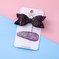 Sparkly butterfly bow and sequined drop hair clip set for girls on a handmade card - Black