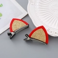 Pair of red velvet cat ear hair clips with golden glitter inlay and silver duckbill clip - 3D Cat Ear Hair Clip