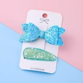 Sparkly teal sequin bow and droplet hair clips set for girls on a handmade display card - Blue