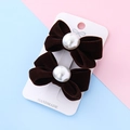 Elegant pair of dark brown velvet bow hair clips with cream pearls on display card - Dark Brown