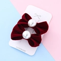 Set of two burgundy velvet bow hair clips with pearls on a handmade display card - Burgundy