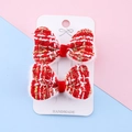 Handmade red and white plaid tweed bow hair clips with plush trim for kids set of 2 - Red White Plaid Gold Thread Style