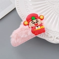 Pink plush hair clip with cartoon God of Wealth decor for New Year celebrations - God of Wealth BB Clip