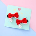 Paire de barrettes nœuds en velours rouge avec bordure blanche et pendentifs perles - 4# Rouge Bord Blanc (5849228770234)