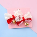 Pair of red velvet bow hair clips with cream lace and golden bell charms on a card - 6# Red Lace Style