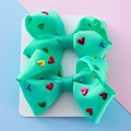 Set of two mint green hair bows with colorful metallic heart sequins on ribbed ribbon - Green