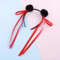 Schattige Nezha hoofdband met zwarte imitatiebont pompons en lange rode zijden linten - Haarrand Stijl 2