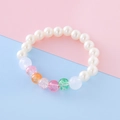 Sweet beaded bracelet for girls with cream faux pearls and colorful crackle glass beads - White Crackle Style