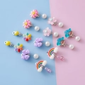 Set of colorful cartoon clip-on earrings for kids with resin flower and rainbow charms - Customizable Style