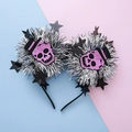 Halloween Haarreif Set mit silbernen Glitzerkugeln und rosa Totenkopf mit kleinem Zylinder - Lila Skelett