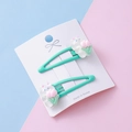 Cute mint green hair clips featuring white rabbit and pink tulip resin decorations - Flower Rabbit