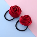 Elegant set of two red fabric rose hair ties with high elastic black bands - Burgundy