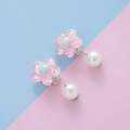 Girl's pink flower resin clip-on earrings with glitter details and white faux pearl drop - Glitter Flower