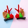 Par de pinzas de pelo de reno navideño con árboles verdes y pompones rojos - Astas de Reno Rojas Estilo 3