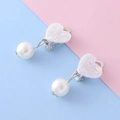 Kids heart sequin clip-on earrings with white faux pearl drop for non-pierced ears - White Heart Clip On Earrings