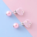 Sweet pink glitter heart clip-on earrings with faux pearl pendants for girls - Pink Heart Clip On Earrings