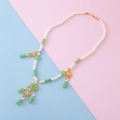 Traditional Chinese pearl necklace with green cloud pendant and golden long life locks - Necklace