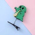 Halloween ghost hair clip with green glitter ghost holding golden broom on spring base - Green Glitter Ghost Style